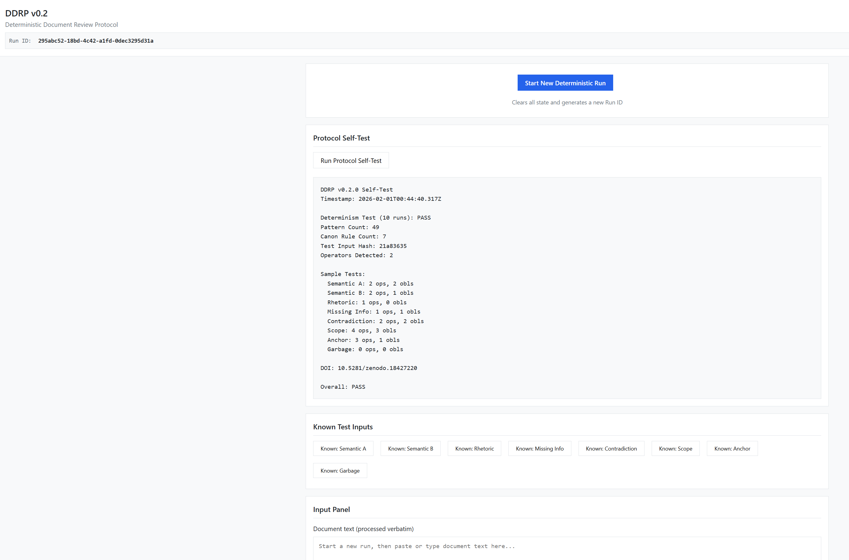 Figure 2: Protocol self-test results panel